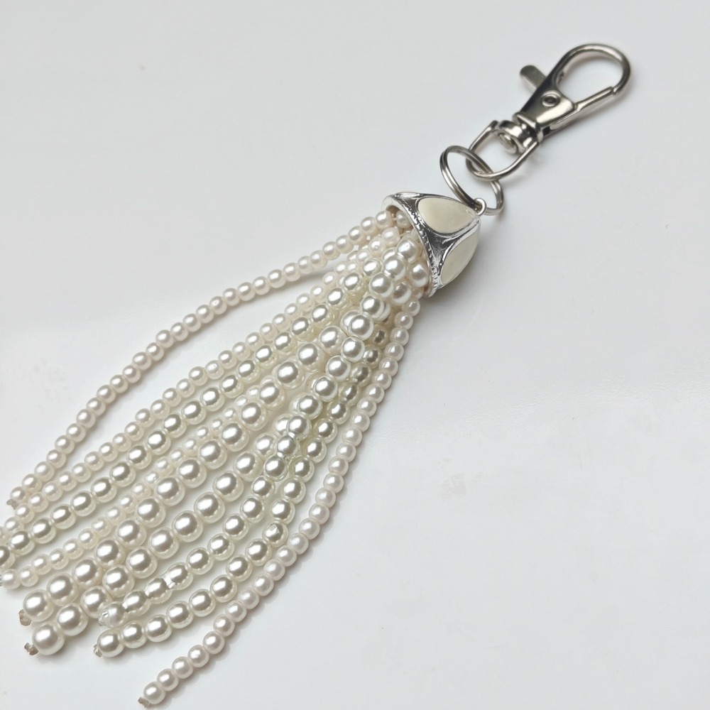 Cream Faux Pearl Multi Strand Tassel Keychain Bag Charm Silver Tone Clasp 5in